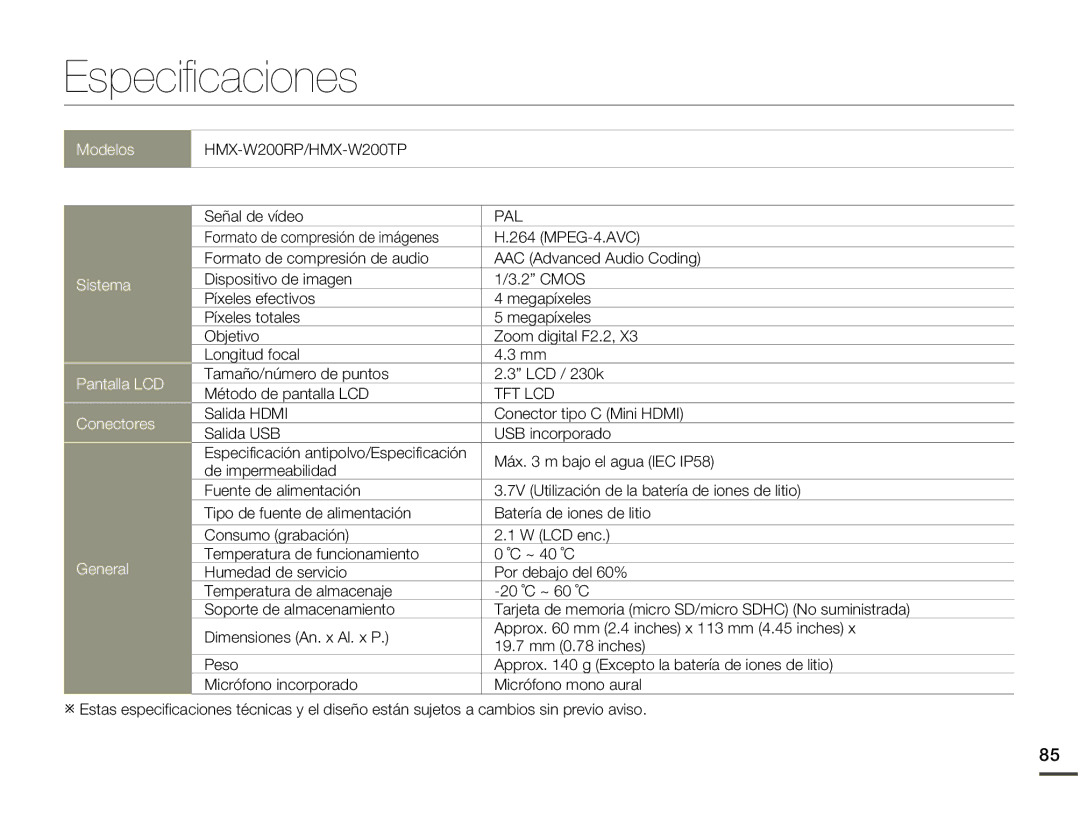 Samsung HMX-W200RP/EDC manual Especificaciones, Señal de vídeo, Tamaño/número de puntos LCD / 230k Método de pantalla LCD 