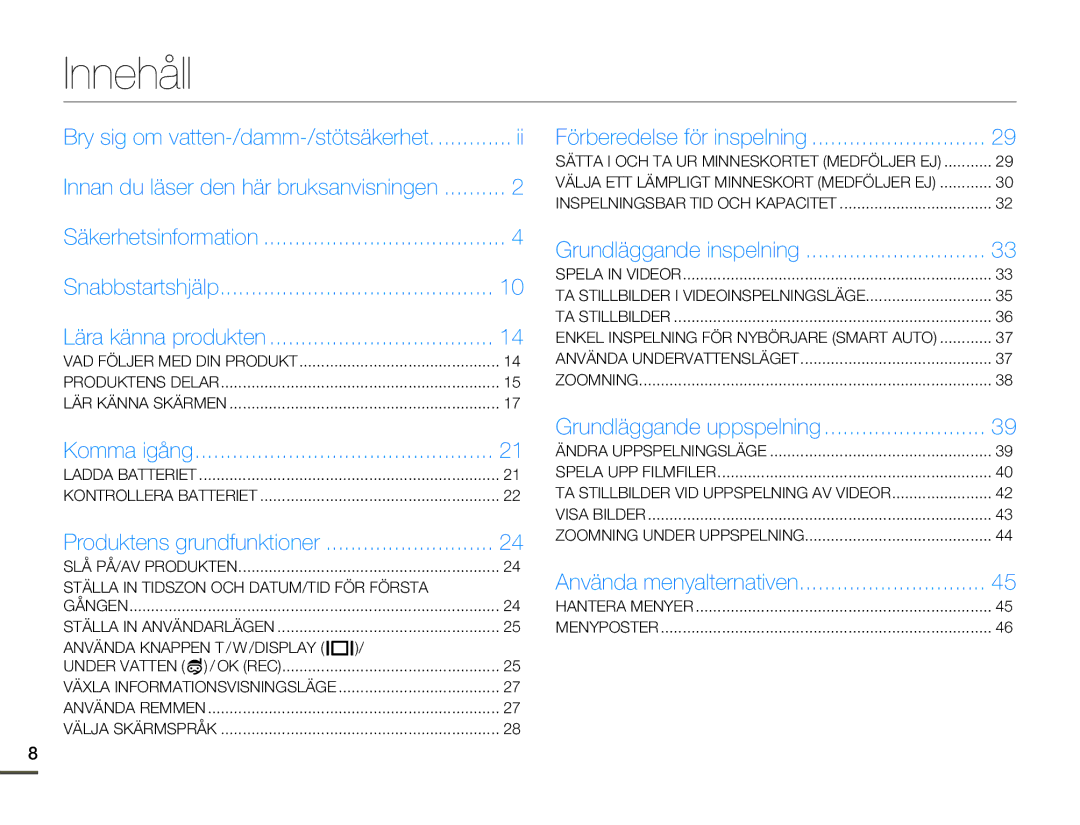 Samsung HMX-W200TP/EDC, HMX-W200RP/EDC manual Innehåll, Produktens grundfunktioner 