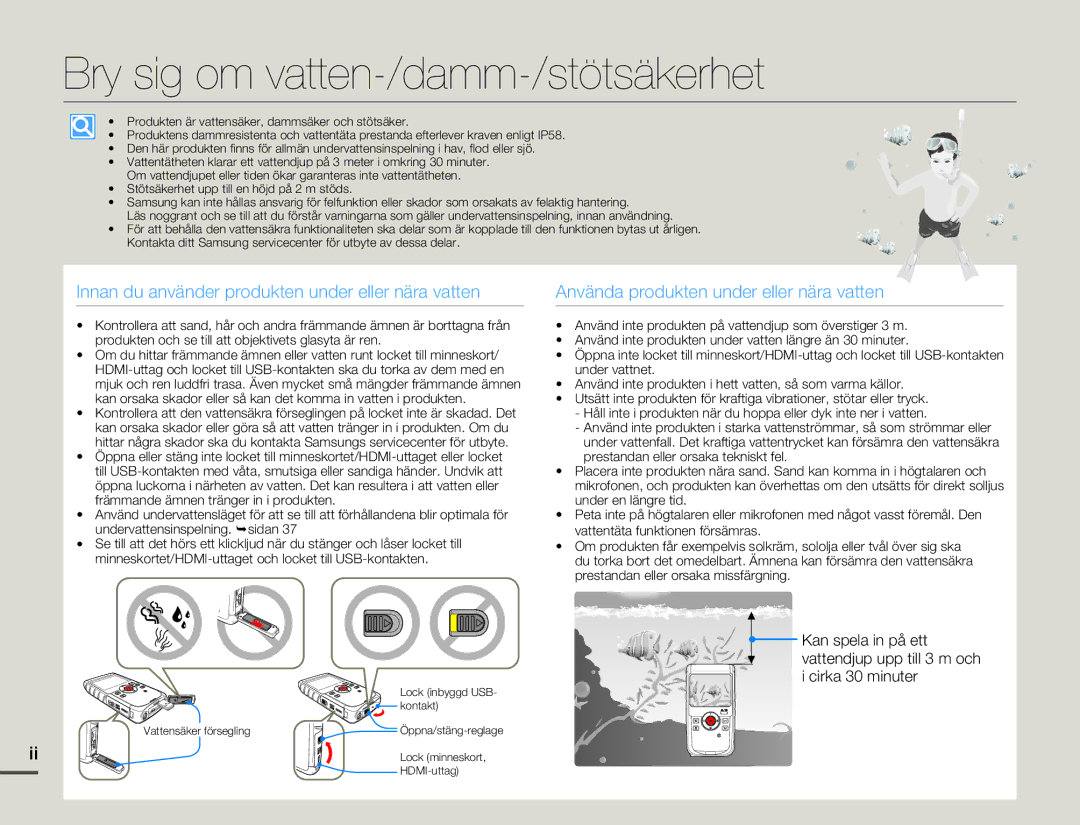 Samsung HMX-W200TP/EDC manual Bry sig om vatten-/damm-/stötsäkerhet, Innan du använder produkten under eller nära vatten 