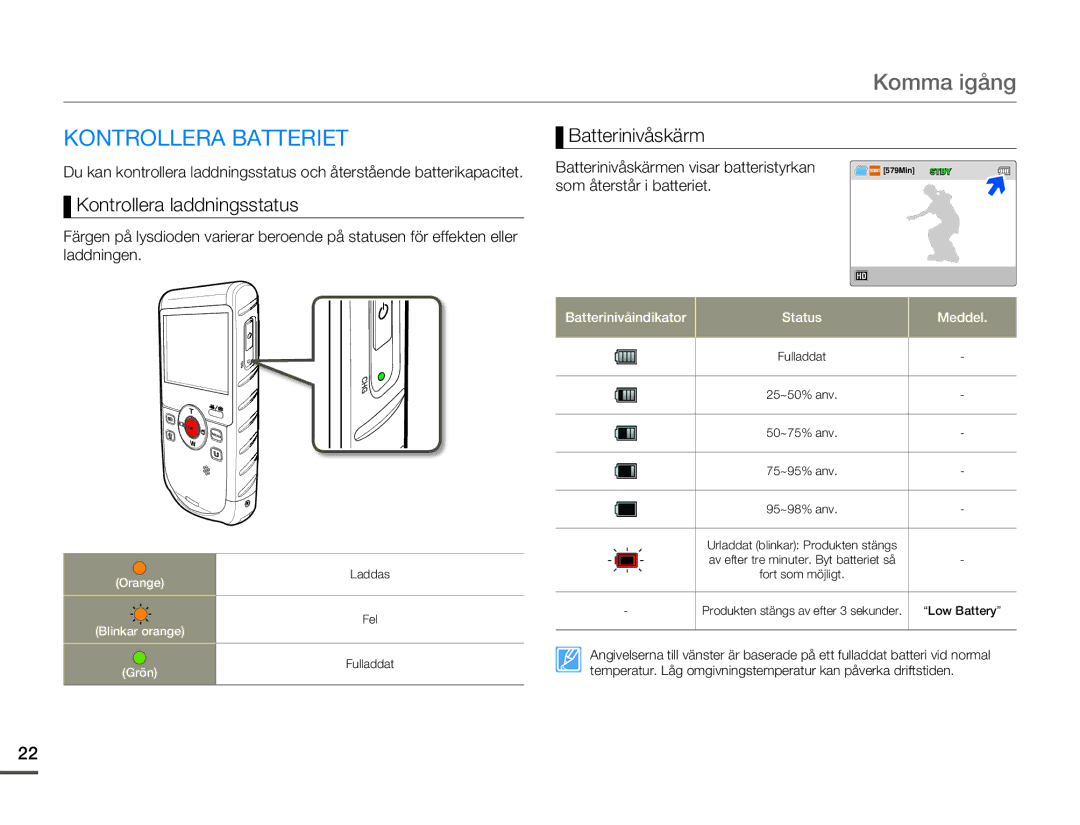 Samsung HMX-W200TP/EDC, HMX-W200RP/EDC Komma igång, Kontrollera Batteriet, Kontrollera laddningsstatus, Batterinivåskärm 