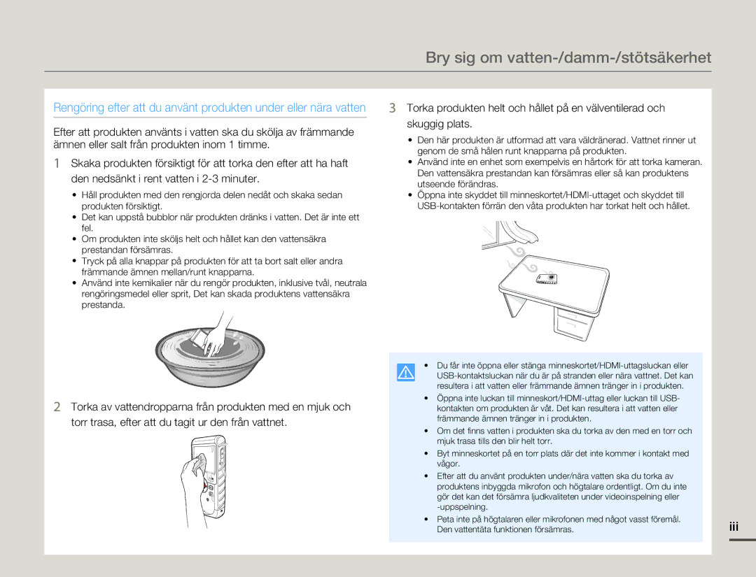 Samsung HMX-W200RP/EDC Bry sig om vatten-/damm-/stötsäkerhet, Iii, Torka produkten helt och hållet på en välventilerad och 