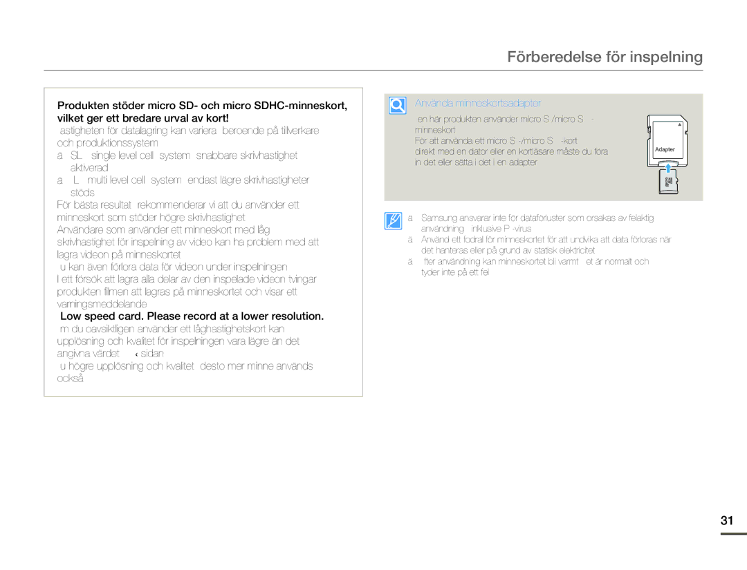 Samsung HMX-W200RP/EDC, HMX-W200TP/EDC manual Använda minneskortsadapter 