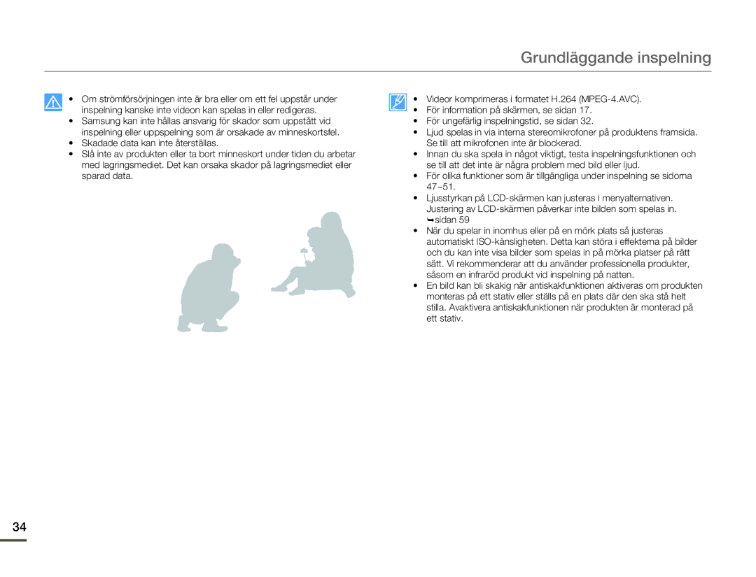 Samsung HMX-W200TP/EDC, HMX-W200RP/EDC manual Grundläggande inspelning 