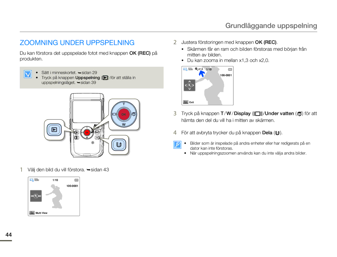 Samsung HMX-W200TP/EDC, HMX-W200RP/EDC manual Zoomning Under Uppspelning, Välj den bild du vill förstora. ¬sidan 
