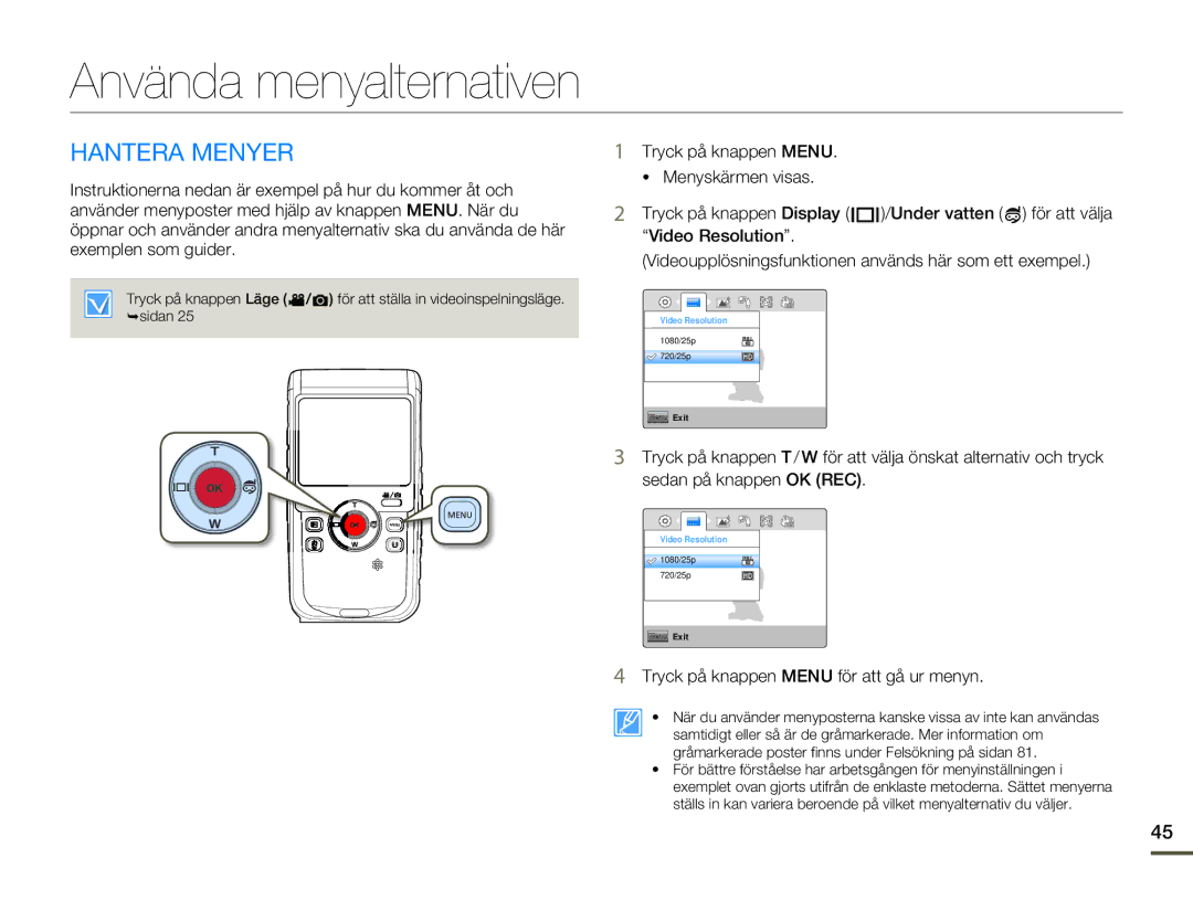 Samsung HMX-W200RP/EDC, HMX-W200TP/EDC manual Använda menyalternativen, Hantera Menyer 