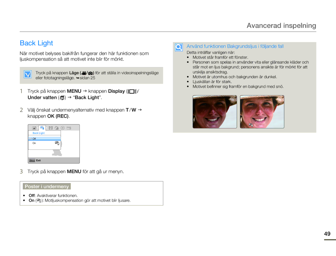 Samsung HMX-W200RP/EDC, HMX-W200TP/EDC manual Back Light, Använd funktionen Bakgrundsljus i följande fall 