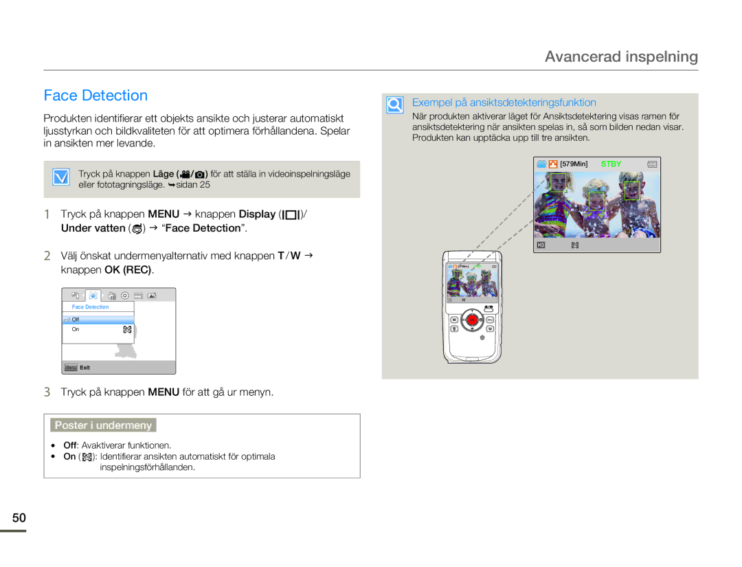 Samsung HMX-W200TP/EDC, HMX-W200RP/EDC manual Face Detection, Exempel på ansiktsdetekteringsfunktion 