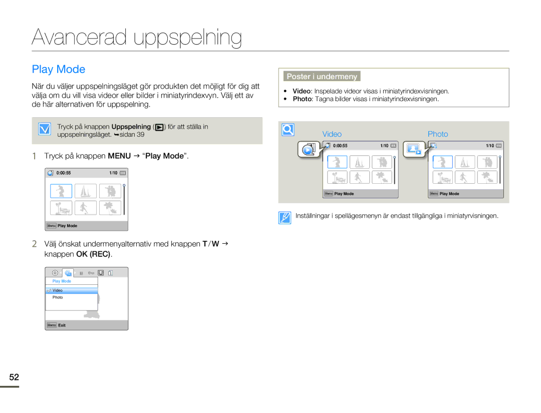 Samsung HMX-W200TP/EDC, HMX-W200RP/EDC manual Avancerad uppspelning, Tryck på knappen Menu J Play Mode 