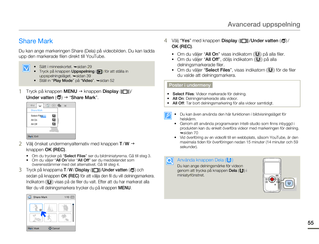 Samsung HMX-W200RP/EDC, HMX-W200TP/EDC manual Share Mark, Använda knappen Dela 