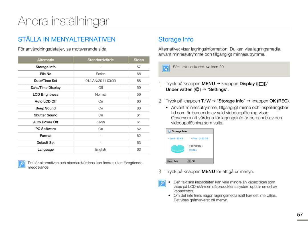 Samsung HMX-W200RP/EDC, HMX-W200TP/EDC manual Andra inställningar, Ställa in Menyalternativen, Storage Info 