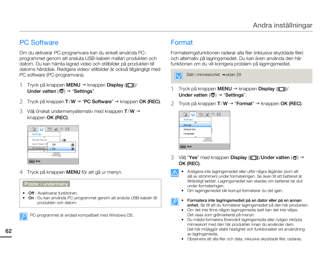 Samsung HMX-W200TP/EDC, HMX-W200RP/EDC manual PC Software, Format, Välj Yes med knappen Display /Under vatten J 