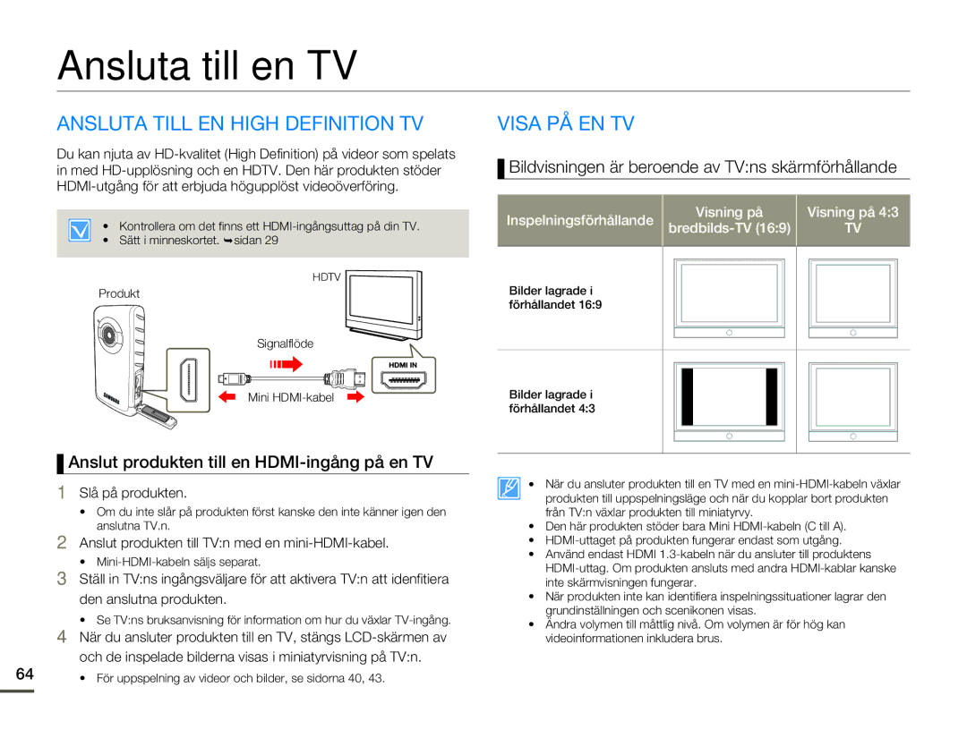 Samsung HMX-W200TP/EDC, HMX-W200RP/EDC manual Ansluta till en TV, Ansluta Till EN High Definition TV, Visa PÅ EN TV 