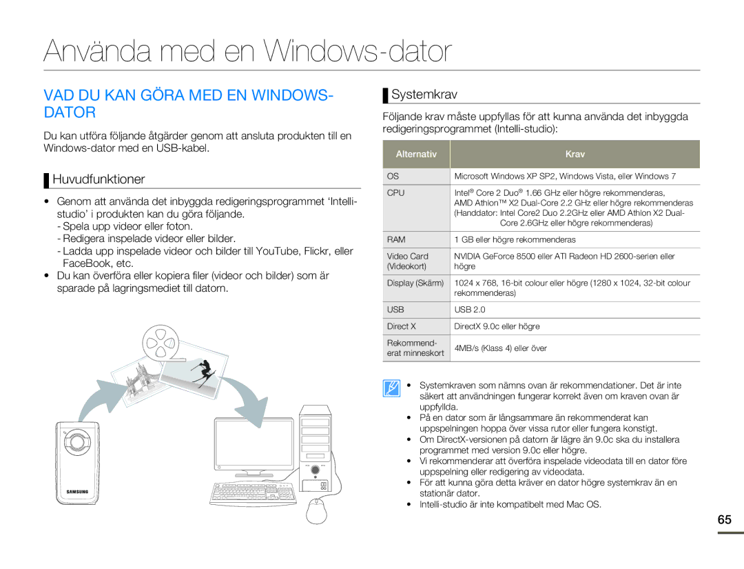 Samsung HMX-W200RP/EDC Använda med en Windows-dator, VAD DU KAN Göra MED EN WINDOWS- Dator, Huvudfunktioner, Systemkrav 