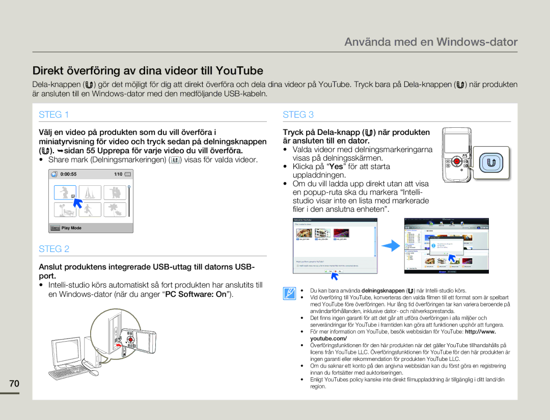 Samsung HMX-W200TP/EDC, HMX-W200RP/EDC manual Direkt överföring av dina videor till YouTube 