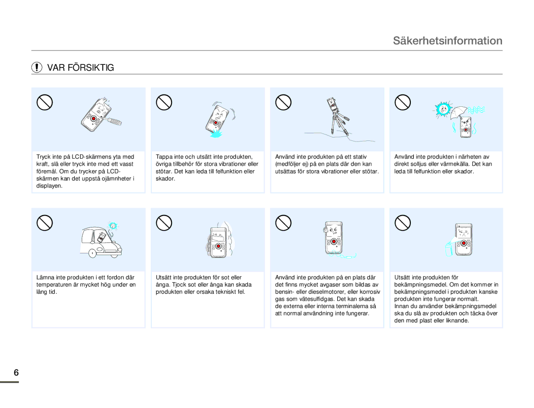 Samsung HMX-W200TP/EDC, HMX-W200RP/EDC manual VAR Försiktig 