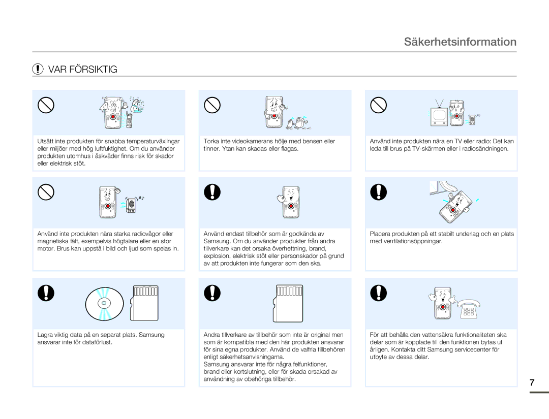 Samsung HMX-W200RP/EDC, HMX-W200TP/EDC manual Säkerhetsinformation 