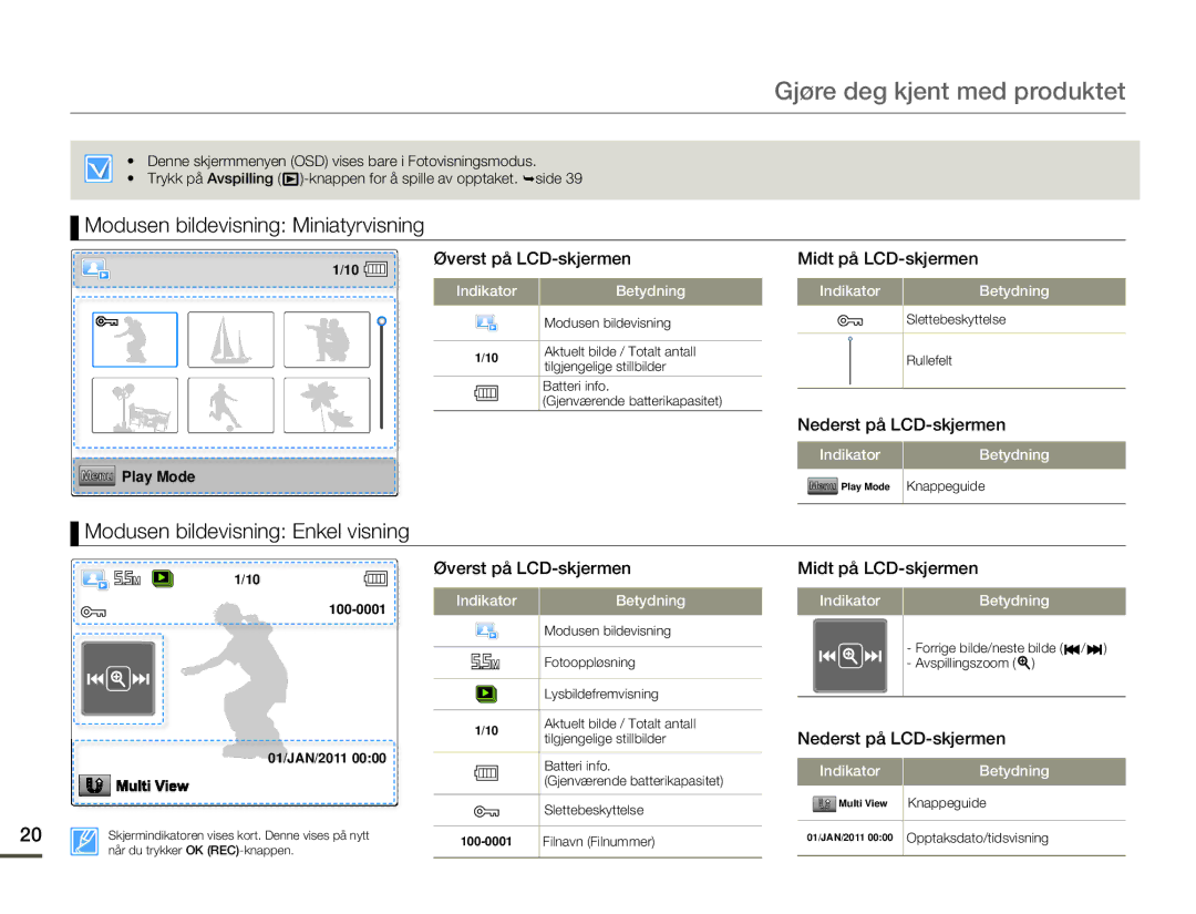 Samsung HMX-W200TP/EDC, HMX-W200RP/EDC manual Modusen bildevisning Miniatyrvisning, Modusen bildevisning Enkel visning 