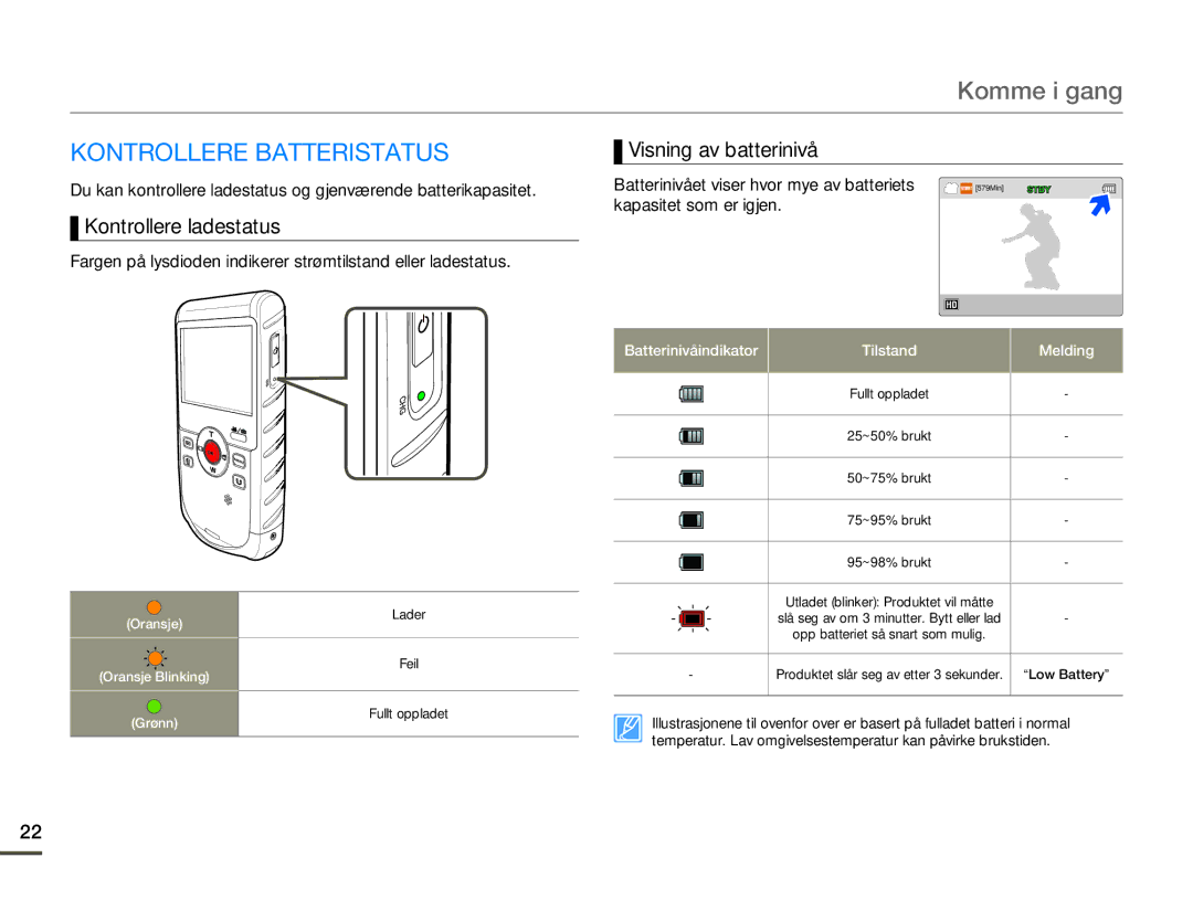 Samsung HMX-W200TP/EDC manual Komme i gang, Kontrollere Batteristatus, Kontrollere ladestatus, Visning av batterinivå 