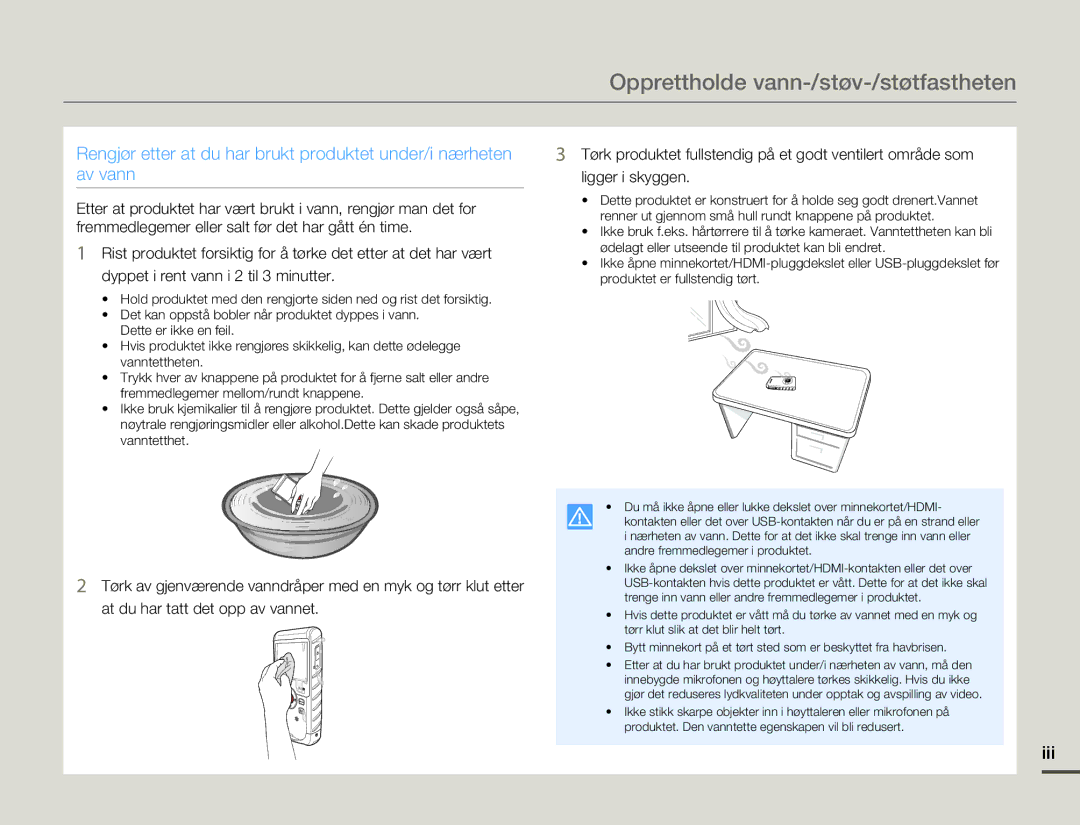 Samsung HMX-W200RP/EDC, HMX-W200TP/EDC manual Opprettholde vann-/støv-/støtfastheten, Iii 