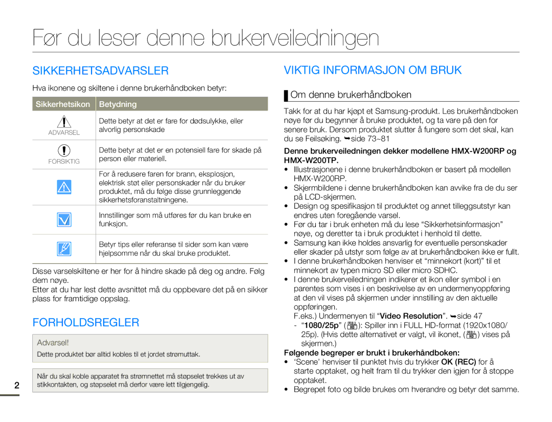 Samsung HMX-W200TP/EDC, HMX-W200RP/EDC manual Før du leser denne brukerveiledningen, Sikkerhetsadvarsler, Forholdsregler 