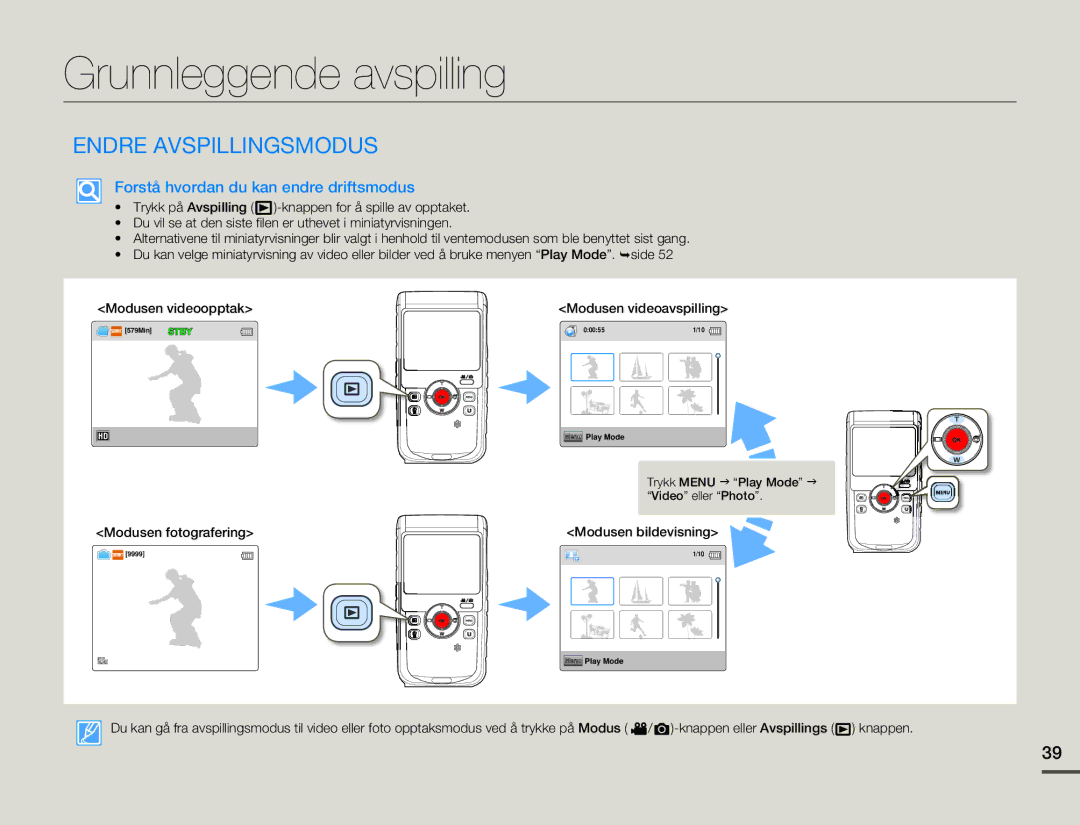 Samsung HMX-W200RP/EDC manual Grunnleggende avspilling, Endre Avspillingsmodus, Forstå hvordan du kan endre driftsmodus 