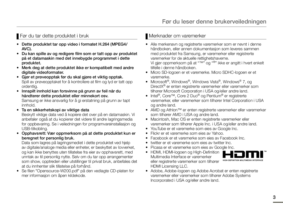 Samsung HMX-W200RP/EDC Før du leser denne brukerveiledningen, Før du tar dette produktet i bruk, Merknader om varemerker 