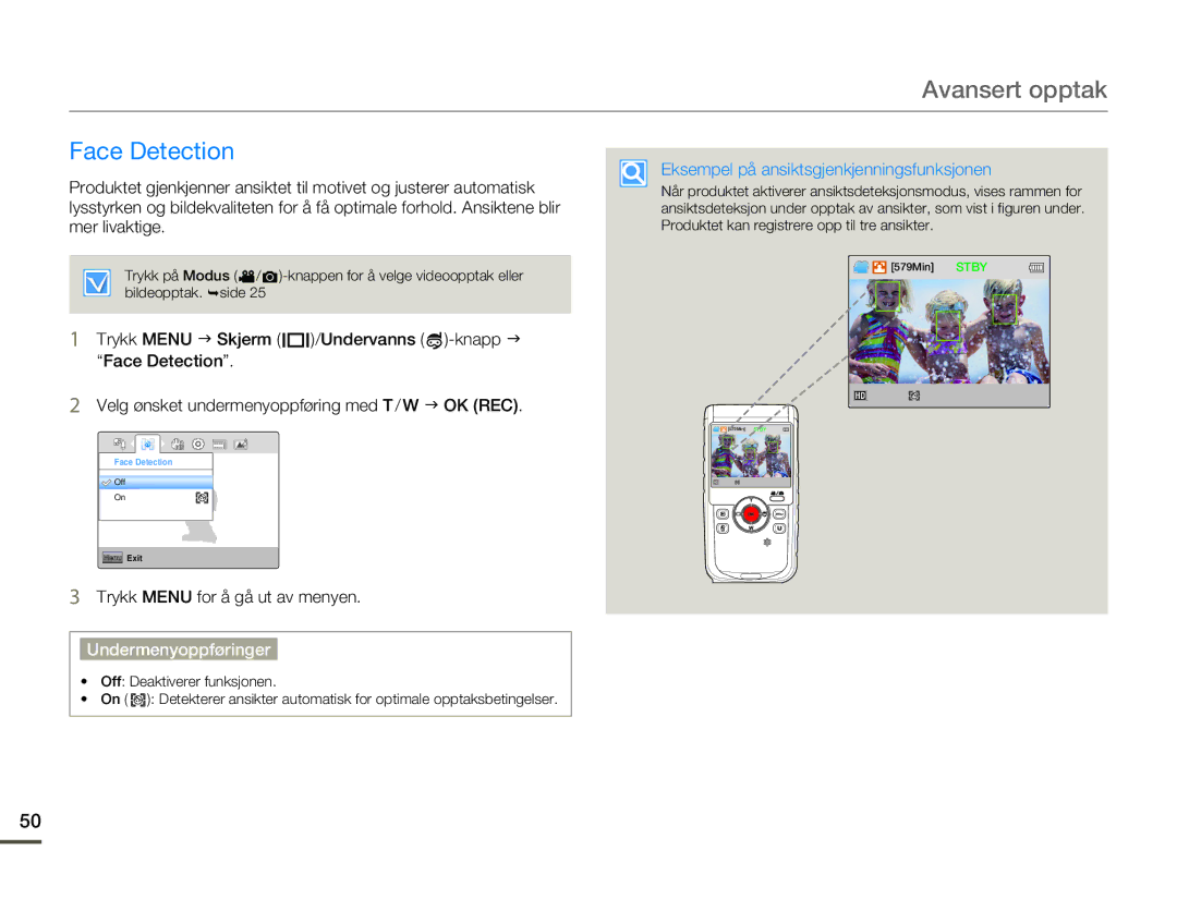 Samsung HMX-W200TP/EDC, HMX-W200RP/EDC manual Face Detection, Eksempel på ansiktsgjenkjenningsfunksjonen 