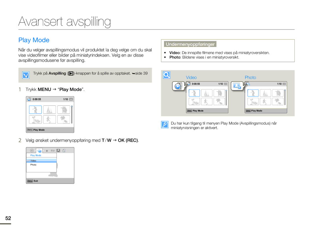 Samsung HMX-W200TP/EDC, HMX-W200RP/EDC manual Avansert avspilling, Trykk Menu J Play Mode 