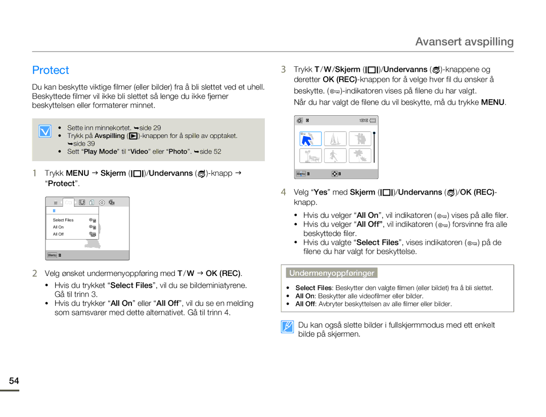 Samsung HMX-W200TP/EDC, HMX-W200RP/EDC manual Trykk Menu J Skjerm /Undervanns -knapp J Protect 