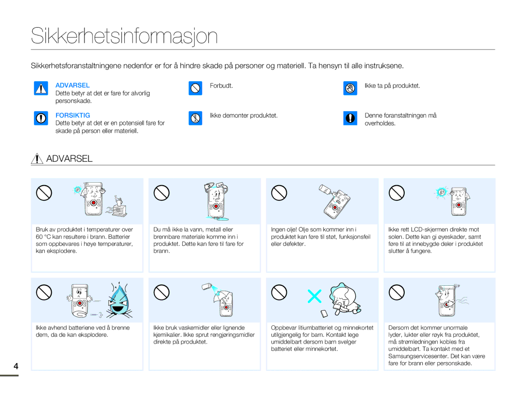 Samsung HMX-W200TP/EDC, HMX-W200RP/EDC manual Sikkerhetsinformasjon, Forsiktig 