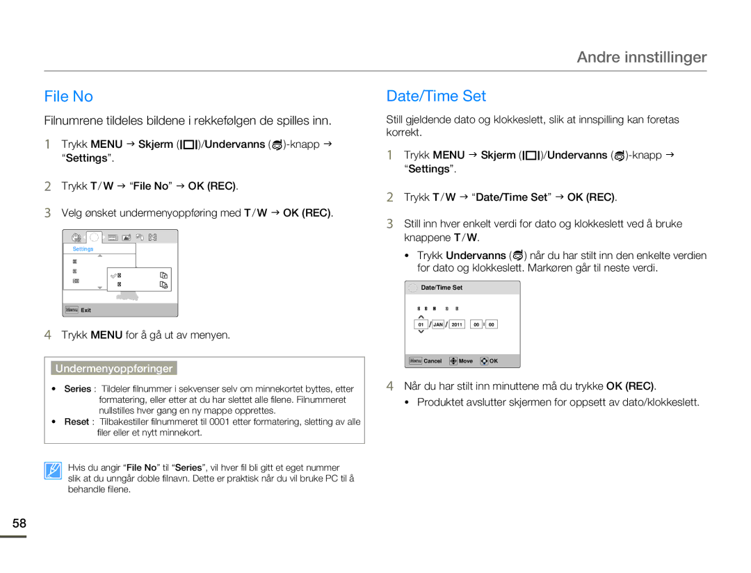 Samsung HMX-W200TP/EDC, HMX-W200RP/EDC manual Andre innstillinger, File No, Date/Time Set 