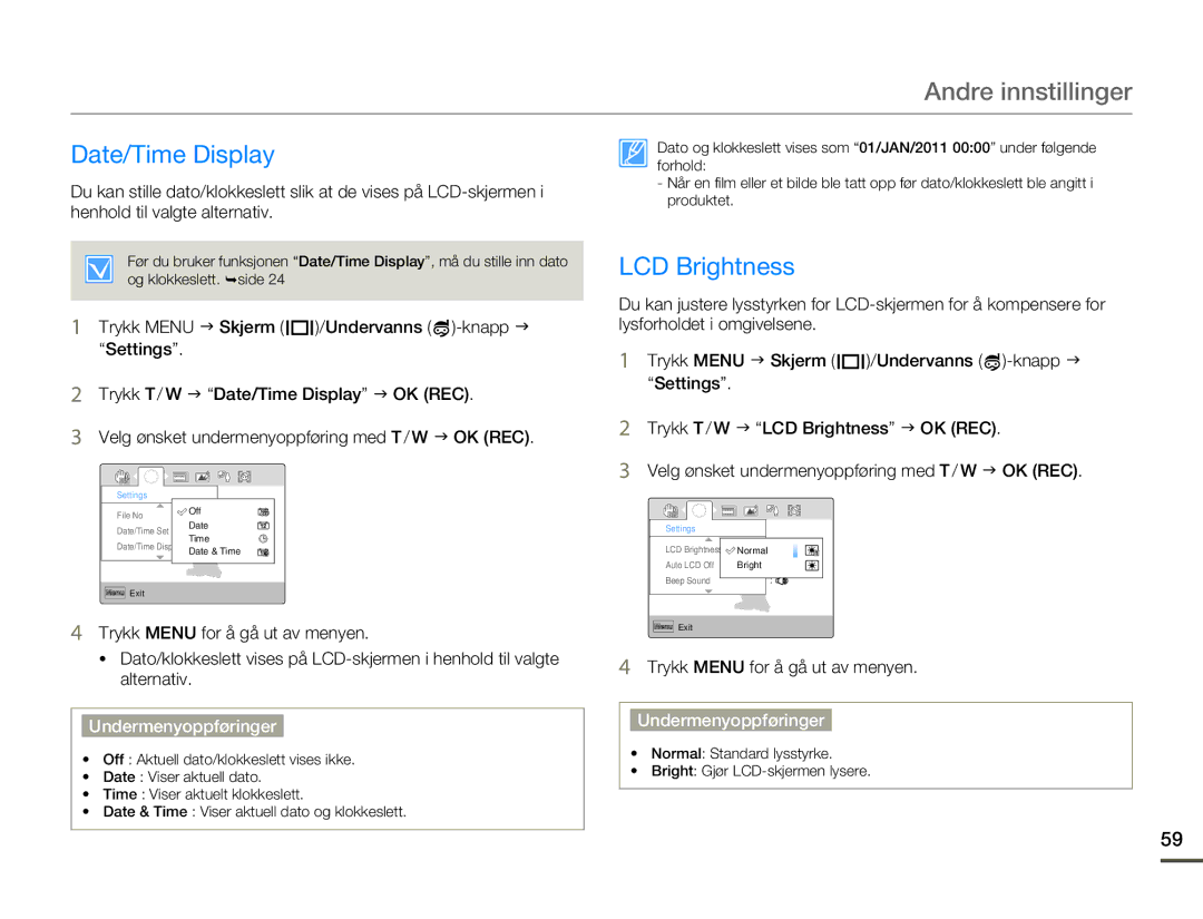 Samsung HMX-W200RP/EDC, HMX-W200TP/EDC manual Date/Time Display, LCD Brightness 