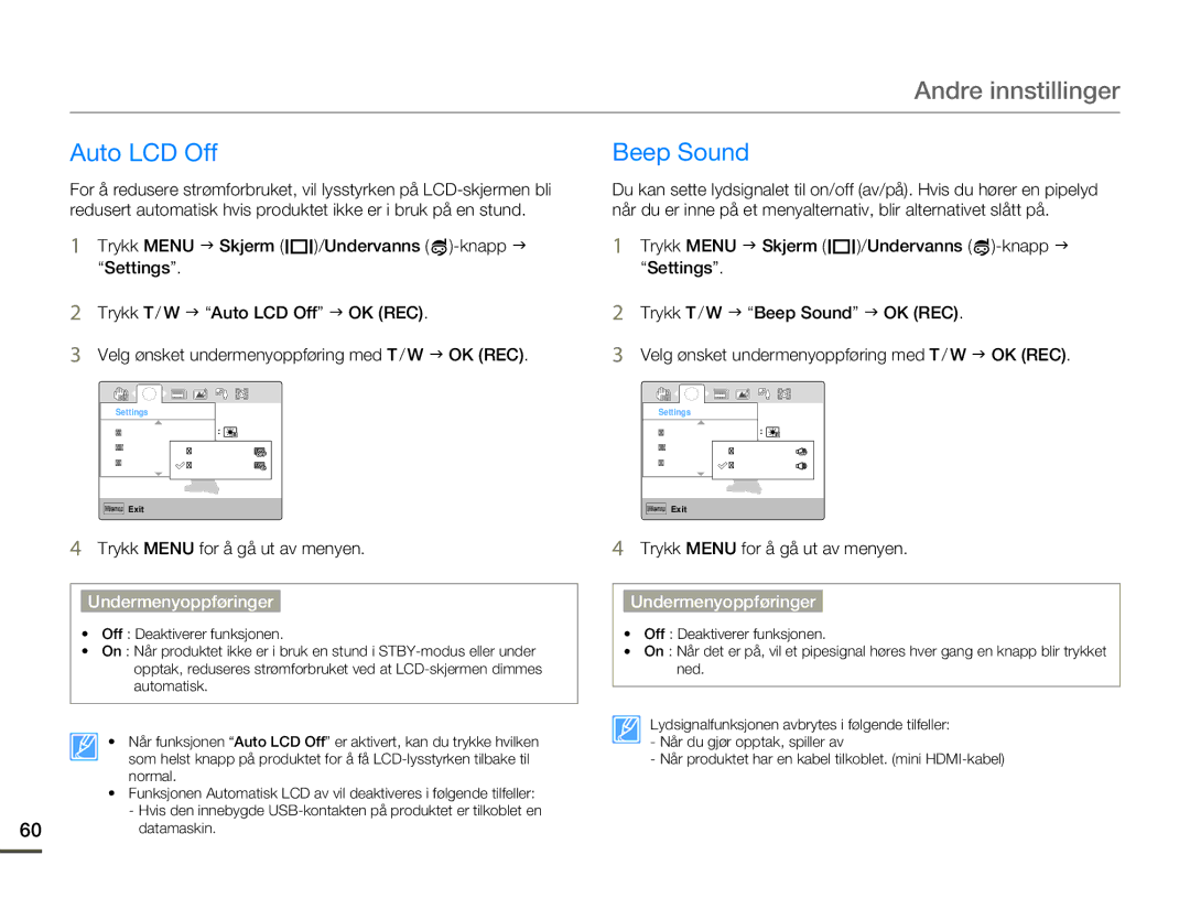 Samsung HMX-W200TP/EDC, HMX-W200RP/EDC manual Auto LCD Off Beep Sound 