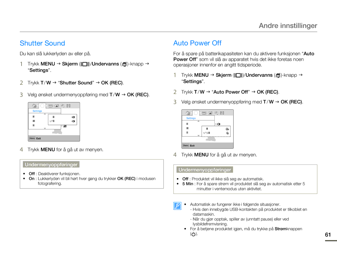 Samsung HMX-W200RP/EDC, HMX-W200TP/EDC manual Shutter Sound, Auto Power Off 