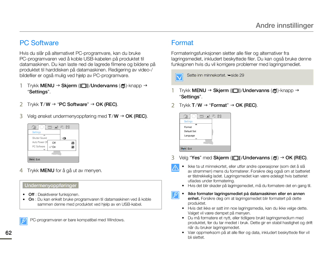 Samsung HMX-W200TP/EDC, HMX-W200RP/EDC manual PC Software Format, Velg Yes med Skjerm /Undervanns J OK REC 