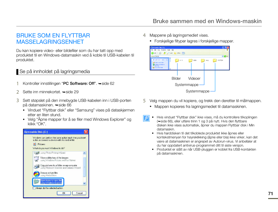 Samsung HMX-W200RP/EDC, HMX-W200TP/EDC manual Bruke SOM EN Flyttbar Masselagringsenhet, Se på innholdet på lagringsmedia 