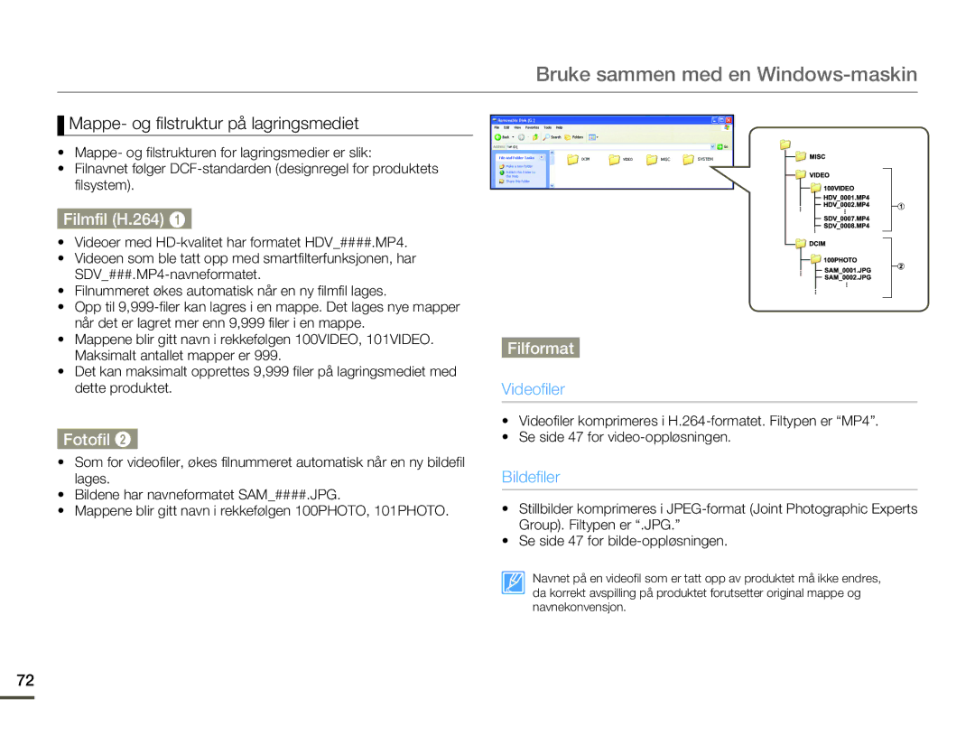 Samsung HMX-W200TP/EDC, HMX-W200RP/EDC manual Mappe- og filstruktur på lagringsmediet, Filmfil H.264, Fotofil, Filformat 