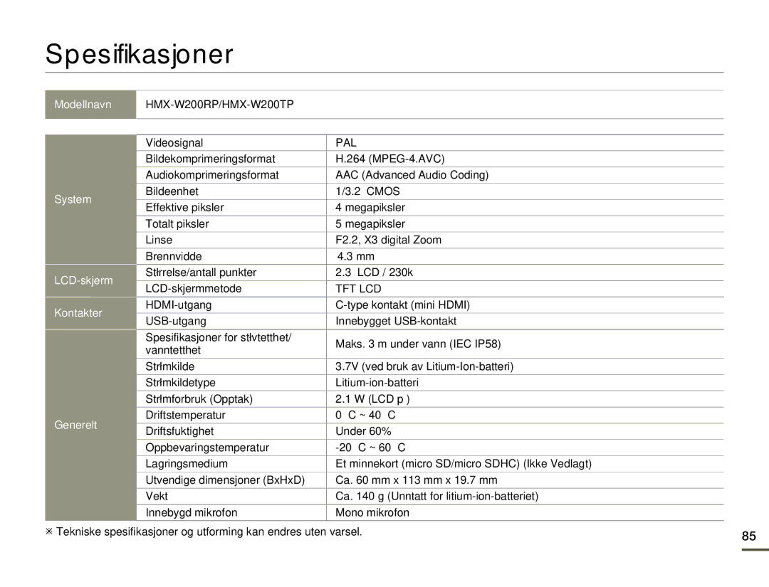 Samsung HMX-W200RP/EDC, HMX-W200TP/EDC manual Spesifikasjoner, Videosignal 