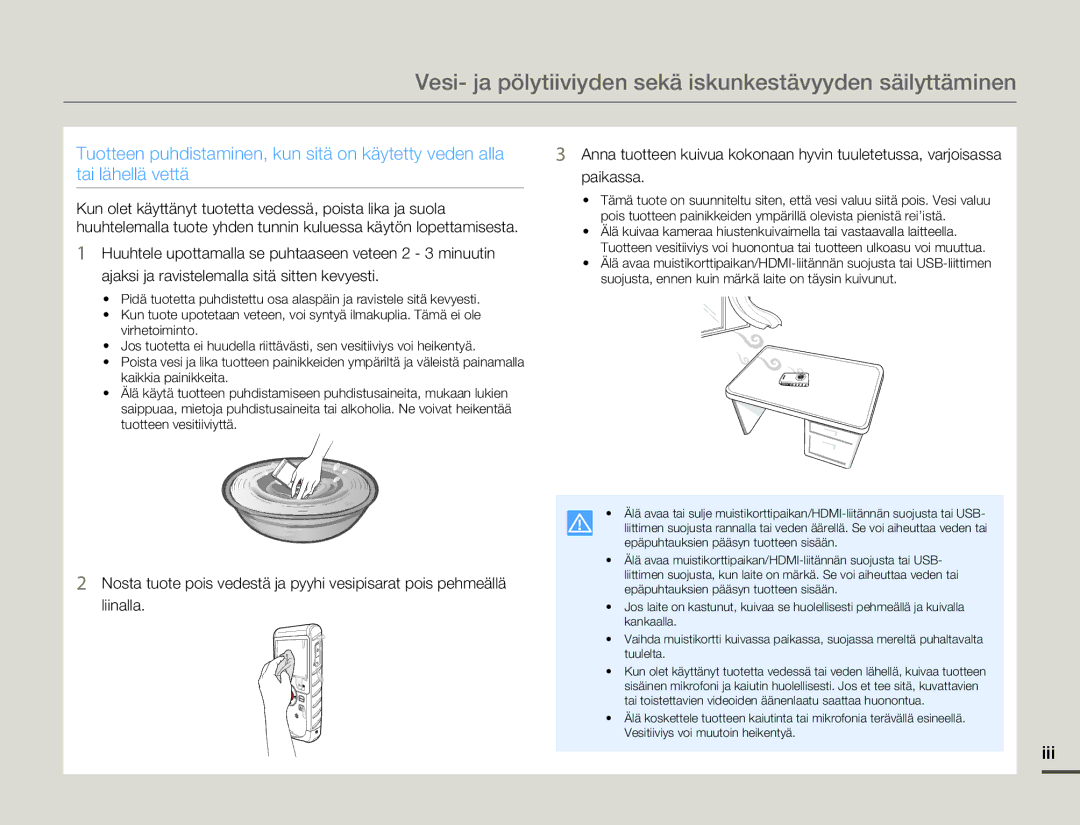 Samsung HMX-W200RP/EDC, HMX-W200TP/EDC manual Vesi- ja pölytiiviyden sekä iskunkestävyyden säilyttäminen, Iii 