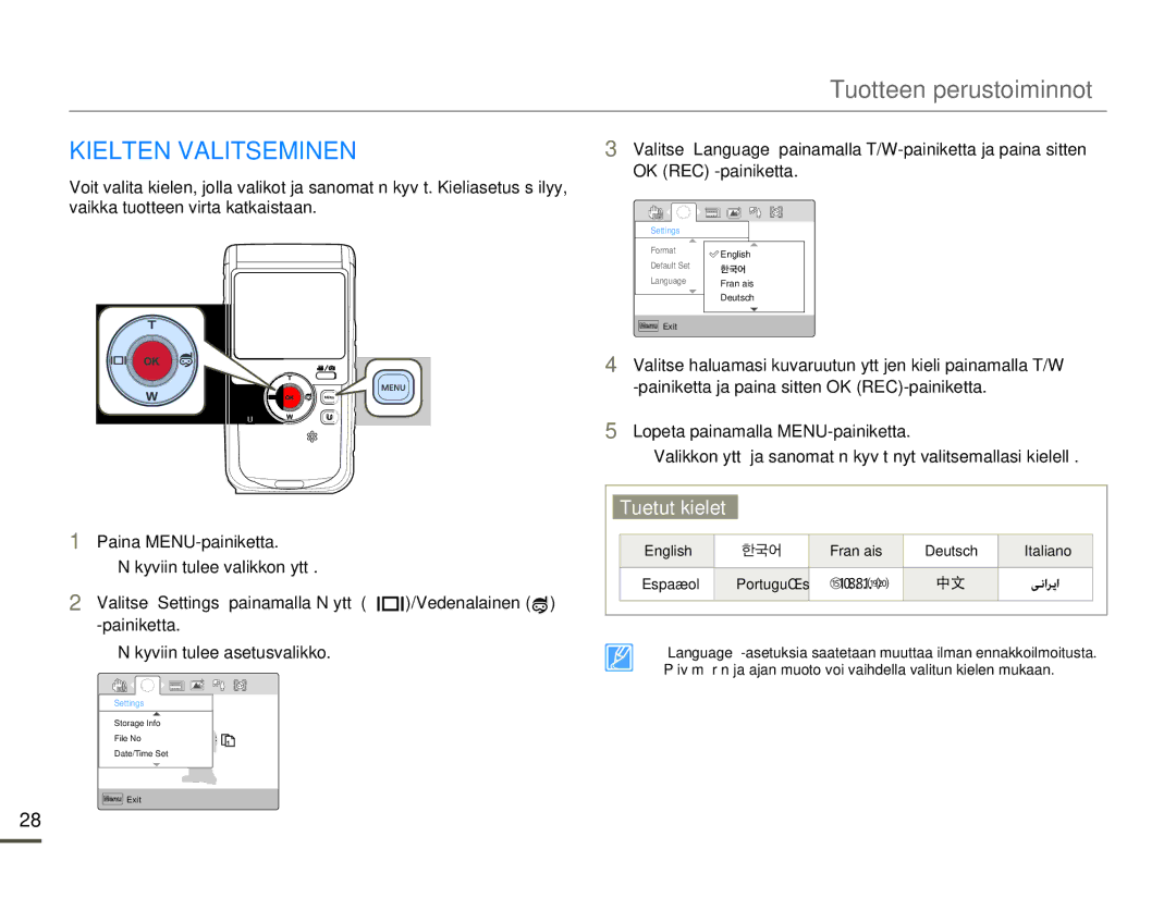 Samsung HMX-W200TP/EDC, HMX-W200RP/EDC manual Kielten Valitseminen, Tuetut kielet, Näkyviin tulee asetusvalikko 