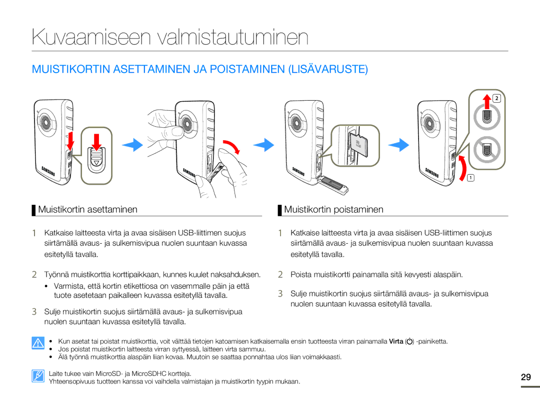 Samsung HMX-W200RP/EDC, HMX-W200TP/EDC Kuvaamiseen valmistautuminen, Muistikortin Asettaminen JA Poistaminen Lisävaruste 