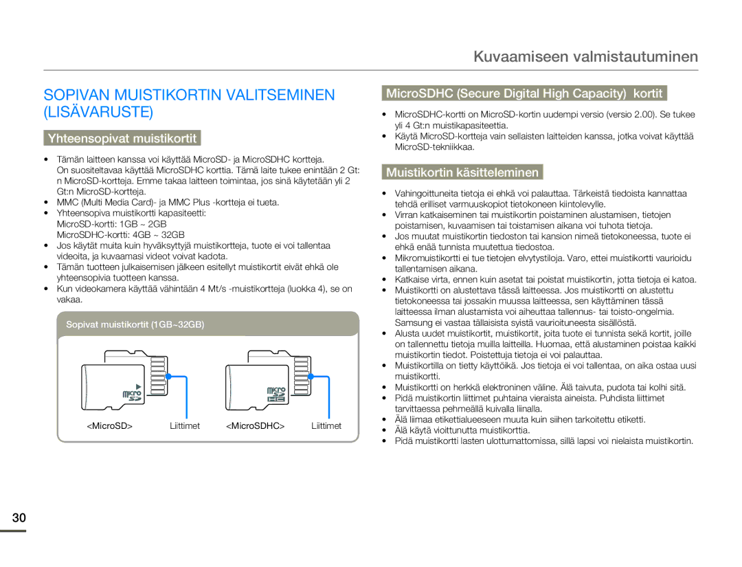 Samsung HMX-W200TP/EDC, HMX-W200RP/EDC manual Kuvaamiseen valmistautuminen, Sopivan Muistikortin Valitseminen Lisävaruste 