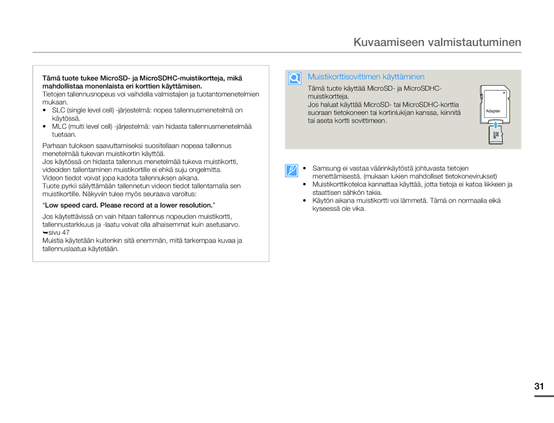 Samsung HMX-W200RP/EDC, HMX-W200TP/EDC manual Muistikorttisovittimen käyttäminen 