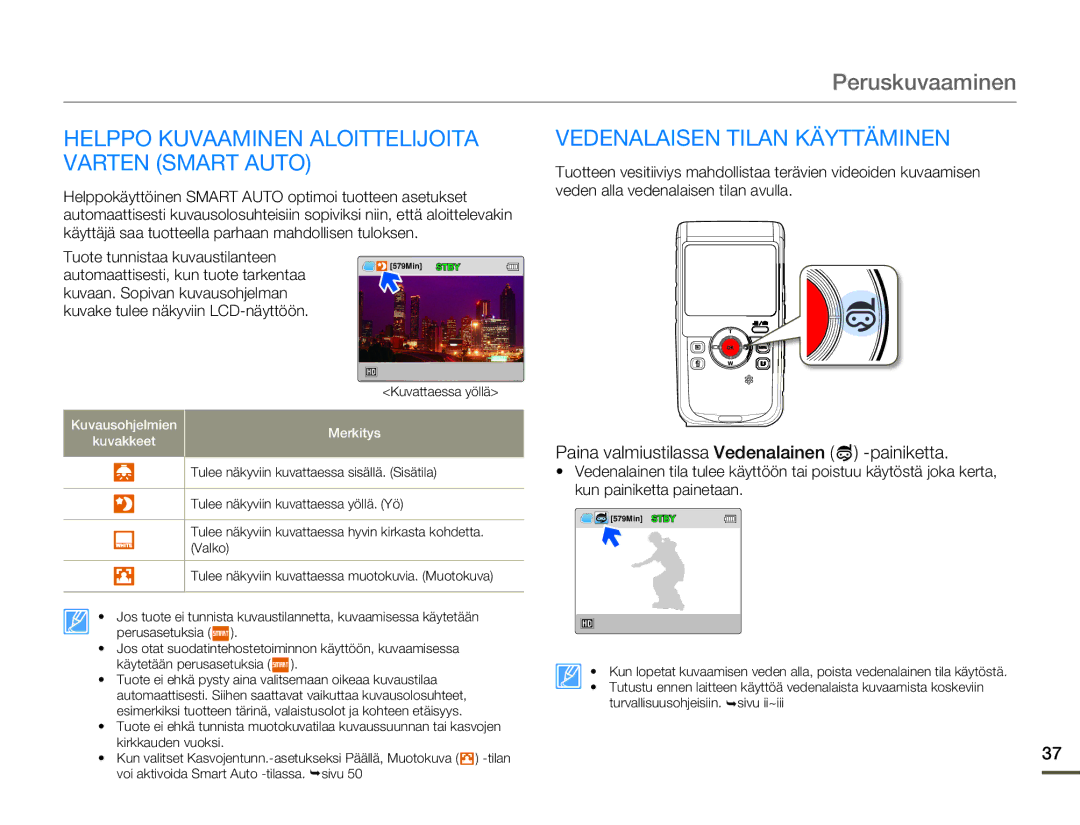 Samsung HMX-W200RP/EDC, HMX-W200TP/EDC Helppo Kuvaaminen Aloittelijoita Varten Smart Auto, Vedenalaisen Tilan Käyttäminen 