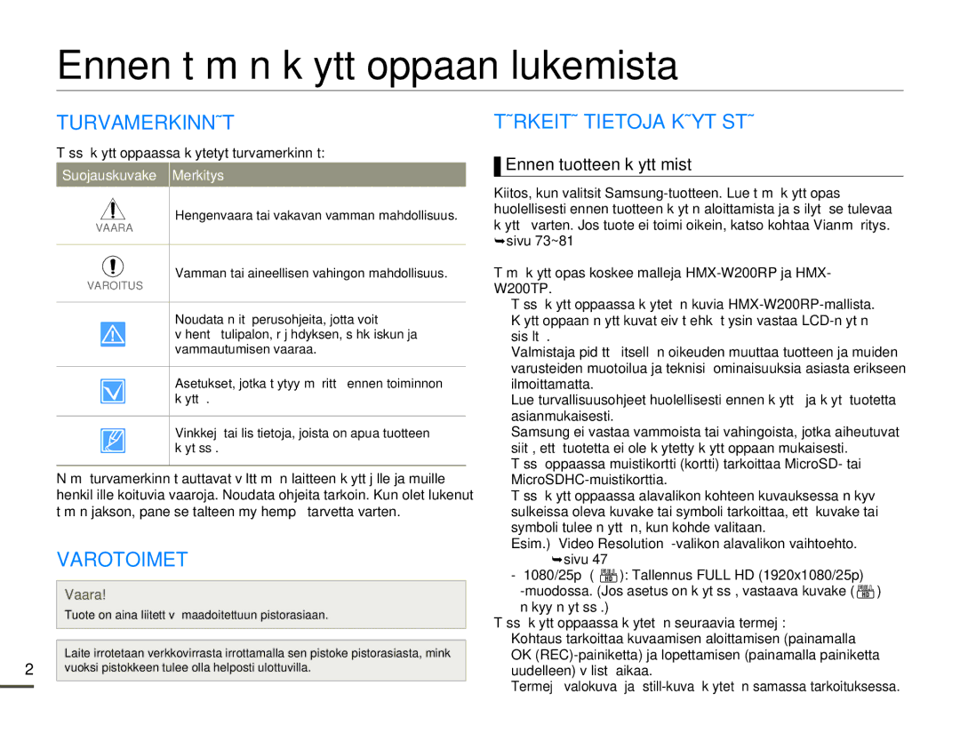 Samsung HMX-W200TP/EDC manual Ennen tämän käyttöoppaan lukemista, Turvamerkinnät, Varotoimet, Tärkeitä Tietoja Käytöstä 