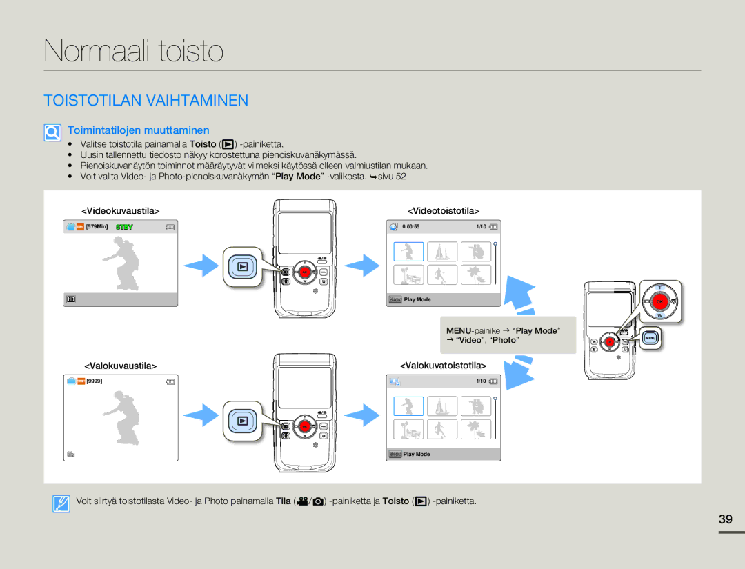 Samsung HMX-W200RP/EDC, HMX-W200TP/EDC manual Normaali toisto, Toistotilan Vaihtaminen, Toimintatilojen muuttaminen 