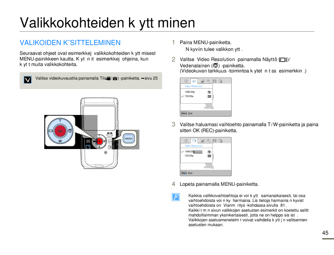 Samsung HMX-W200RP/EDC, HMX-W200TP/EDC manual Valikkokohteiden käyttäminen, Valikoiden Käsitteleminen 