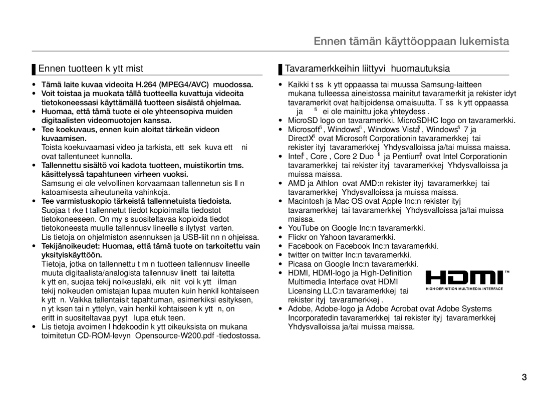 Samsung HMX-W200RP/EDC, HMX-W200TP/EDC manual Ennen tämän käyttöoppaan lukemista, Tavaramerkkeihin liittyviä huomautuksia 