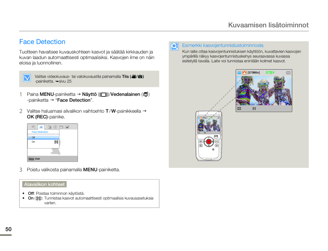 Samsung HMX-W200TP/EDC, HMX-W200RP/EDC manual Face Detection, Esimerkki kasvojentunnistustoiminnosta 