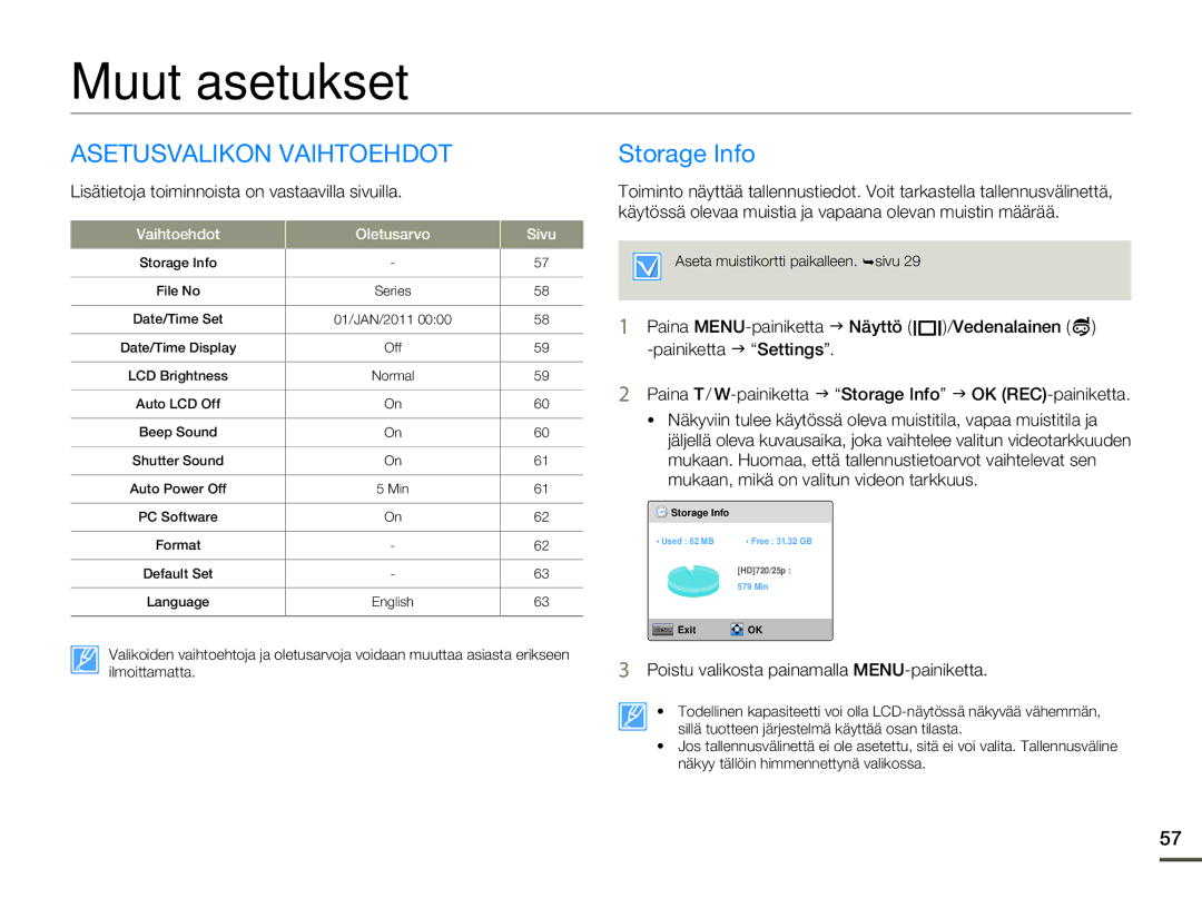 Samsung HMX-W200RP/EDC, HMX-W200TP/EDC manual Muut asetukset, Asetusvalikon Vaihtoehdot, Storage Info 